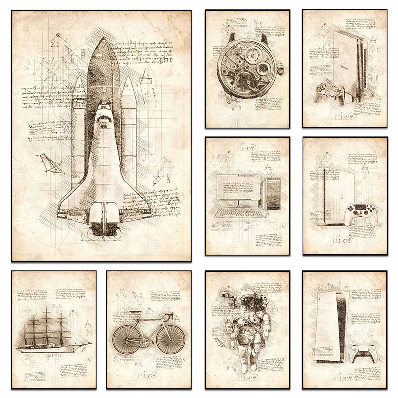 Star Map Poster - Vintage soyut Da Vinci skeskeçler tuval