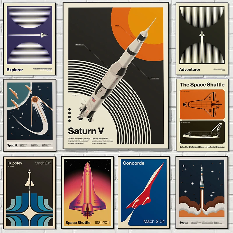 Star Map Poster - Retro Soyut Uzay Mekiği Sputnik Minimalist